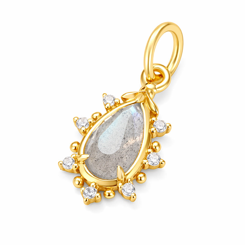 Gold Labradorite pendant charm with crystal accents on a pure white background