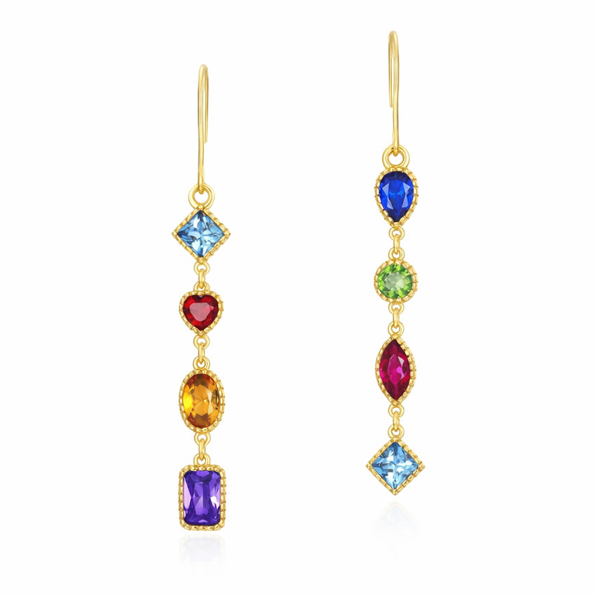 Luxury multicolour gemstone dangle earrings in 925 sterling silver with gold vermeil, featuring vibrant zircon stones in an elegant geometric drop design