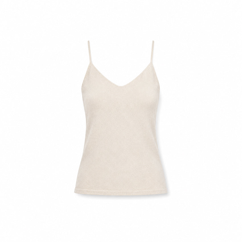 Luxury organic cashmere camisole in natural ivory, handcrafted women's knitwear by Moda de la Maria on a white background