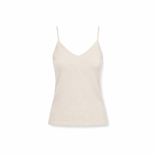 Luxury organic cashmere camisole in natural ivory, handcrafted women's knitwear by Moda de la Maria on a white background