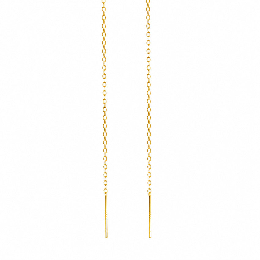 Minimalist gold chain threader earrings in gold plated sterling silver, long drop fine chain earrings for elegant women, lightweight luxury jewellery designed for everyday and occasion wear