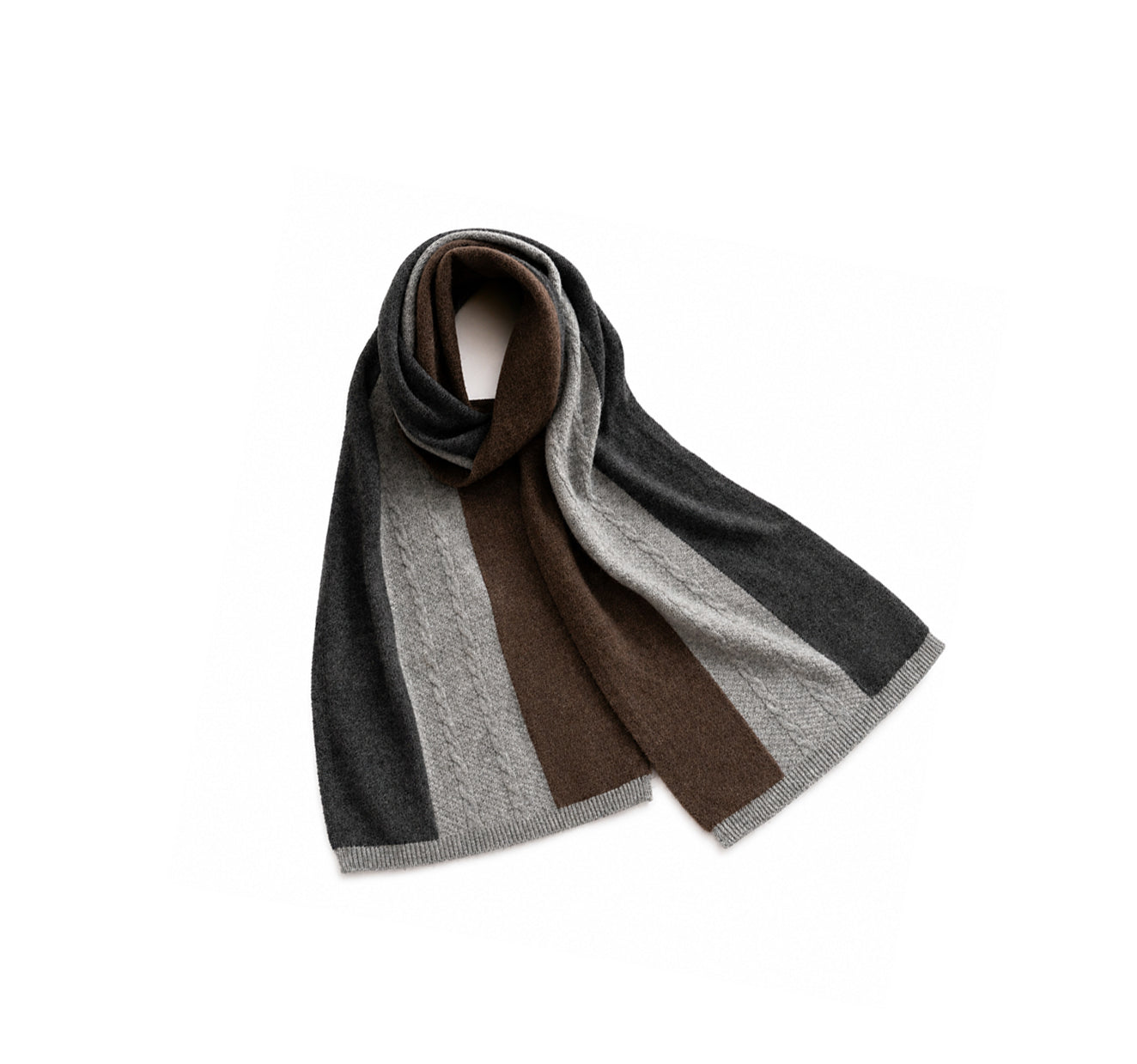 Moda de la Maria 100% pure cashmere colour block scarf in charcoal grey, silver grey and chocolate brown with luxurious soft brushed cashmere texture.