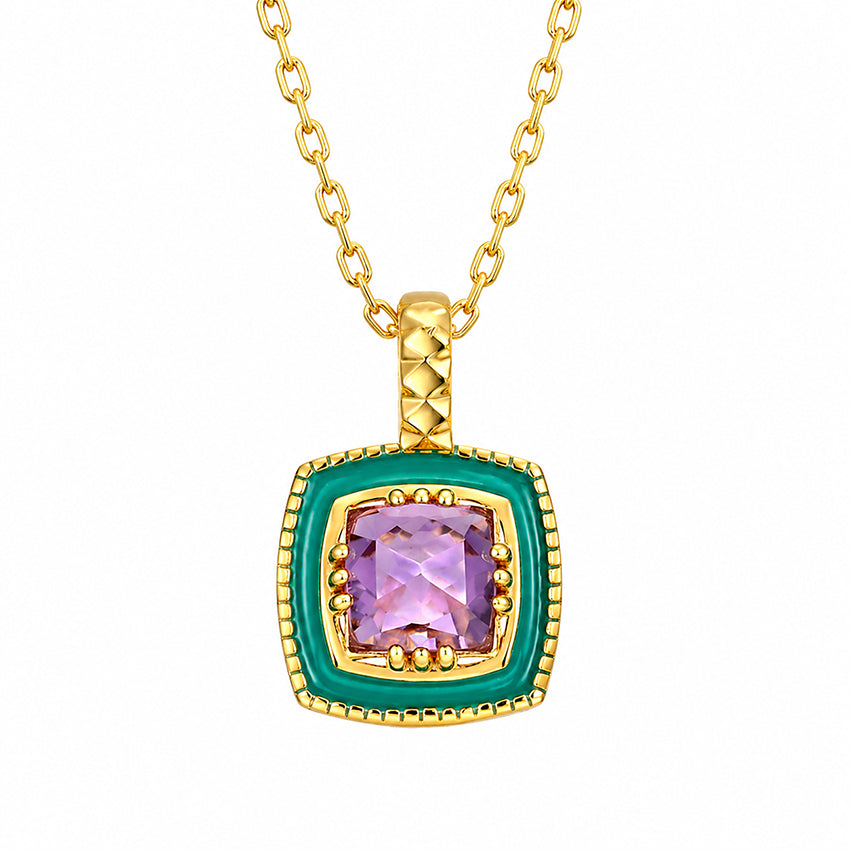 Amethyst enamel gold-plated sterling silver necklace by Moda de la Maria with purple gemstone pendant and turquoise enamel detail on a white background.

