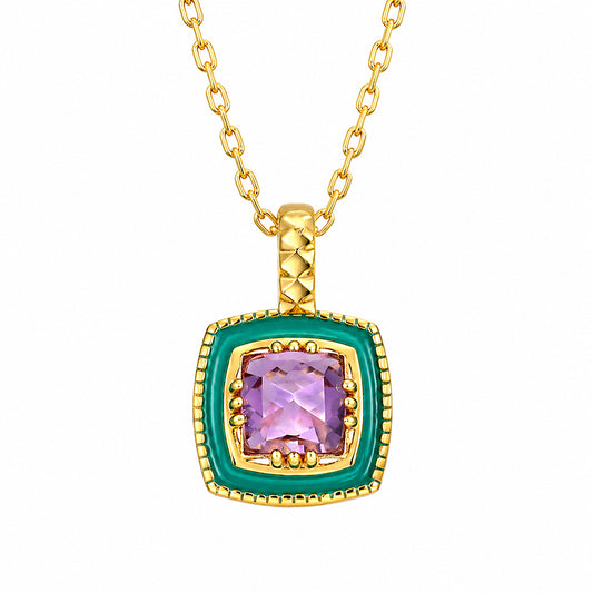 Amethyst enamel gold-plated sterling silver necklace by Moda de la Maria with purple gemstone pendant and turquoise enamel detail on a white background.
