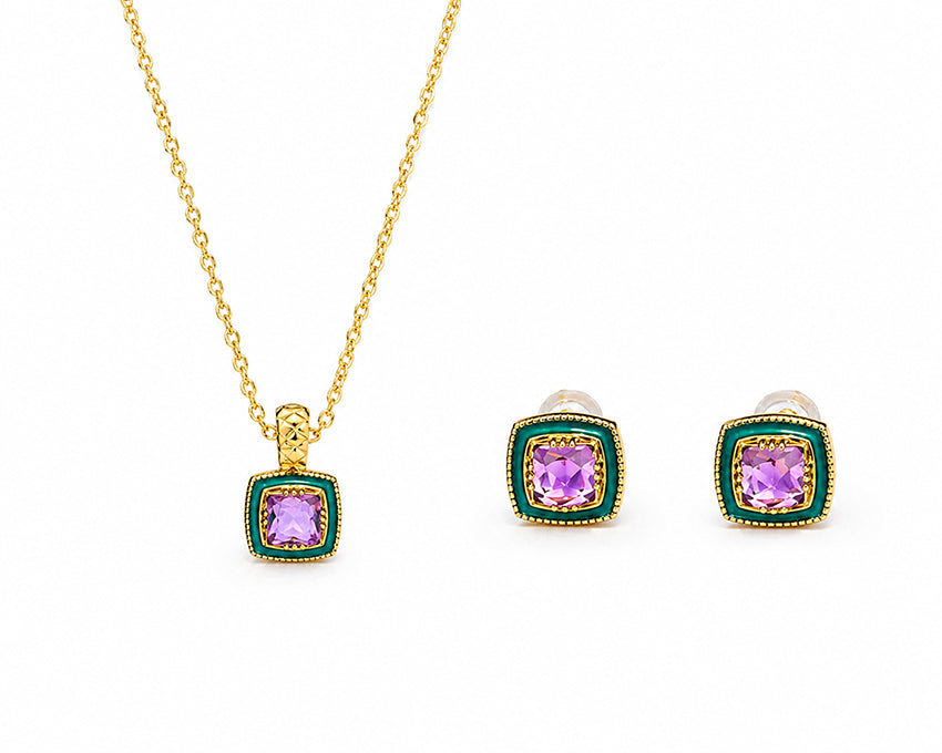 Amethyst enamel necklace and earrings set by Moda de la Maria in gold plated sterling silver with purple gemstones and minimalist pendant on white background