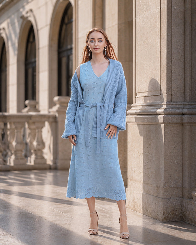 Pink & Blue Cashmere Dress with Crochet Flower Hem