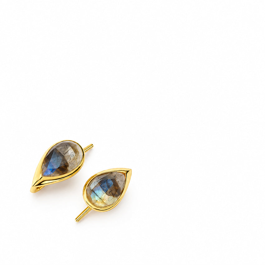 Designer natural Labradorite earrings in 18ct gold vermeil and 925 sterling silver photographed on a pure white background by Moda de la Maria.