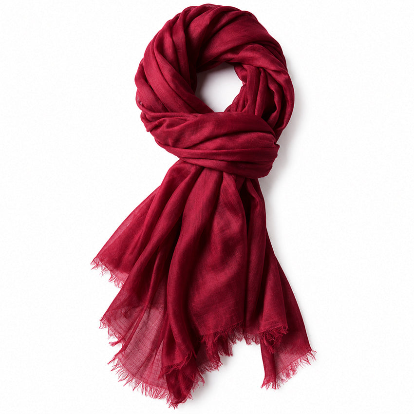 Moda de la Maria lightweight 100% pure cashmere shawl in berry red with delicate fringed edges