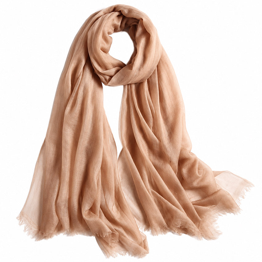 Moda de la Maria lightweight 100% pure cashmere shawl in camel beige with soft drape and delicate fringed edges