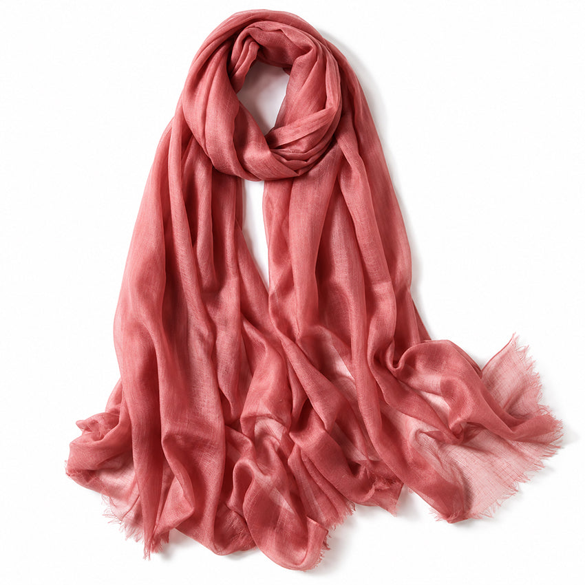 Moda de la Maria lightweight 100% pure cashmere shawl in coral rose with delicate fringed edges
