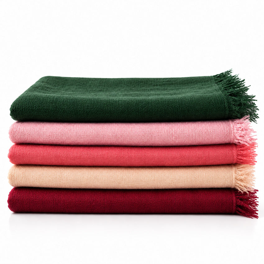 Moda de la Maria lightweight 100% pure cashmere shawl collection in pink, coral, forest green, camel beige and black