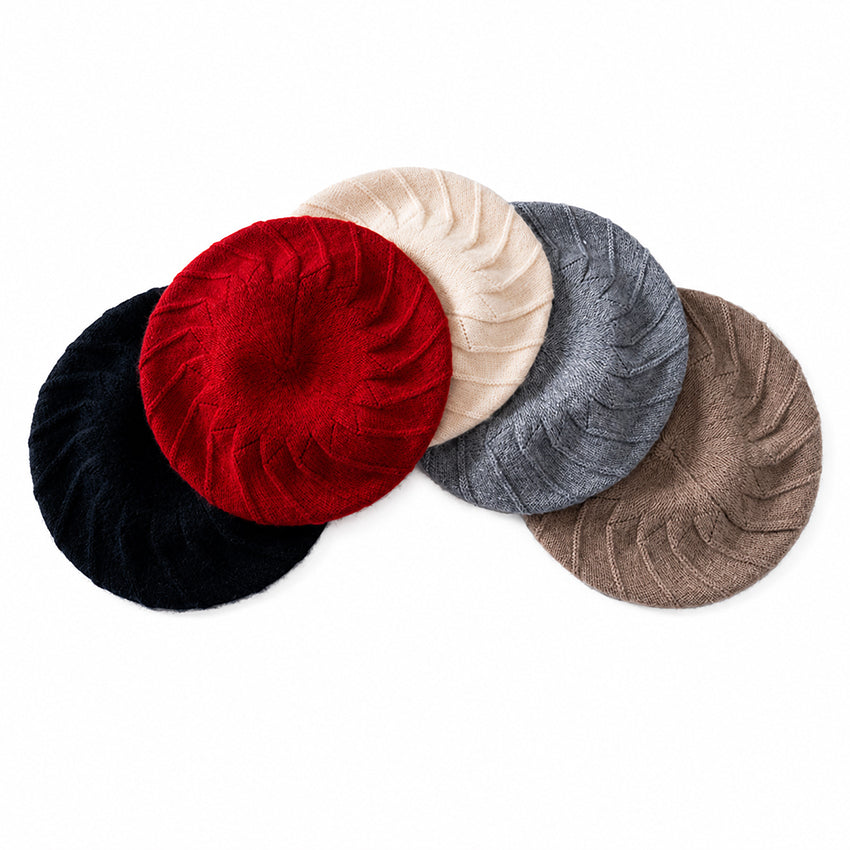 Luxury 100% pure cashmere knitted berets by Moda de la Maria in red, ivory, grey, taupe and black with elegant spiral knit design on a pure white background.
Optional longer alt text (excellent for accessibility and SEO)
Collection of luxury 100% pure cashmere knitted berets by Moda de la Maria featuring red, ivory, grey, taupe and black colourways with an elegant spiral knit pattern, photographed on a pure white background.
