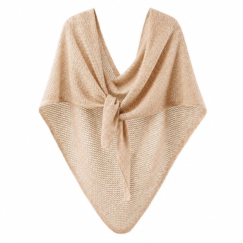 Luxury women's 100% pure cashmere knitted triangle scarf in soft beige by Moda de la Maria. Premium handcrafted cashmere scarf with an elegant lightweight knit, timeless British luxury fashion for autumn, winter and year-round layering.