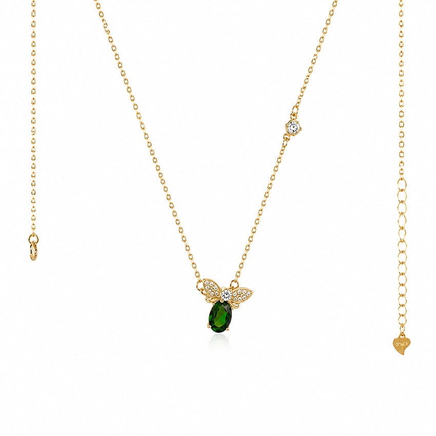 Luxury Natural Green Diopside Bee Necklace in 18ct Gold Vermeil on Hallmarked 925 Sterling Silver by Moda de la Maria with sparkling zirconia accents.