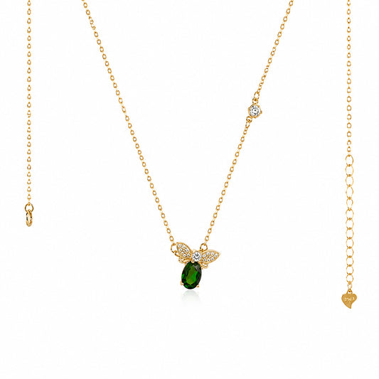 Luxury Natural Green Diopside Bee Necklace in 18ct Gold Vermeil on Hallmarked 925 Sterling Silver by Moda de la Maria with sparkling zirconia accents.