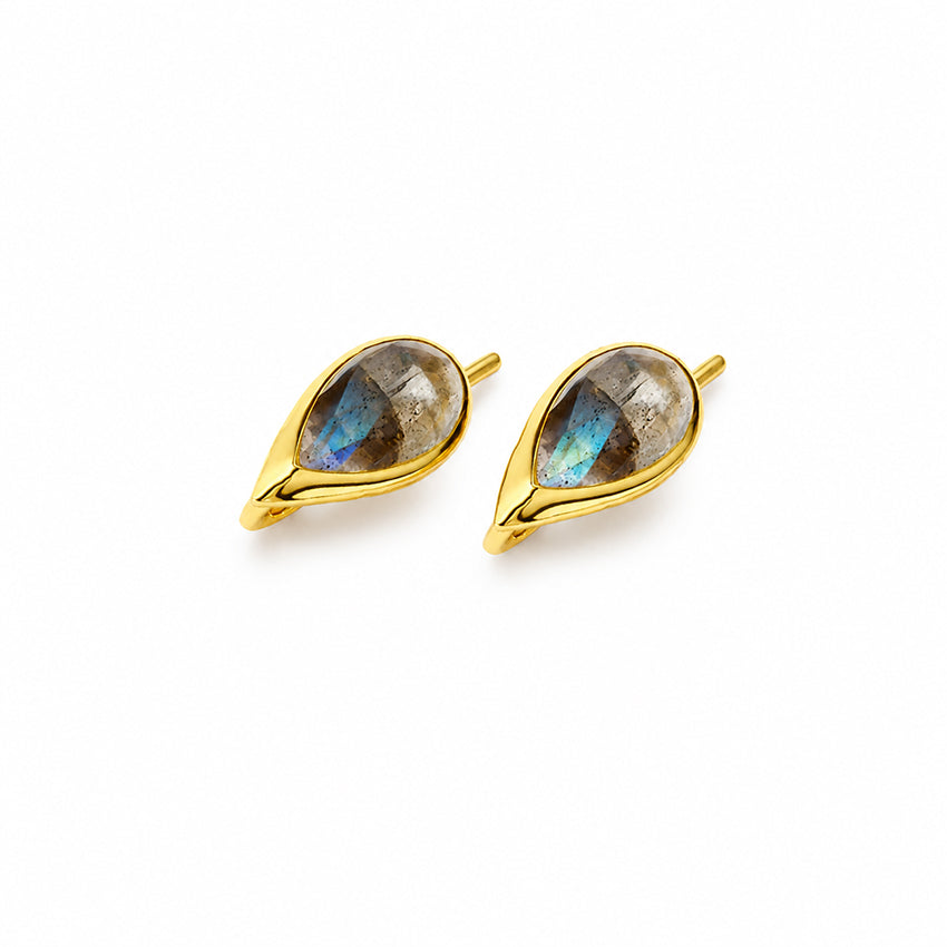 Flat lay of natural Labradorite stud earrings crafted in 18ct gold vermeil over 925 sterling silver on a white background by Moda de la Maria.