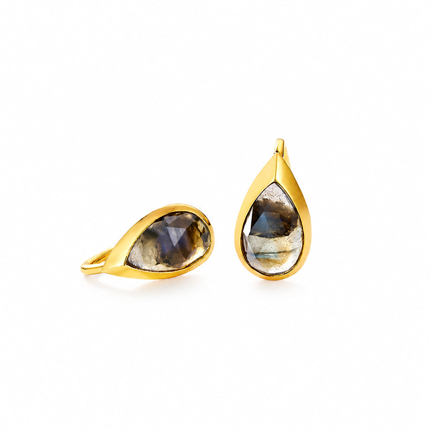 Luxury natural Labradorite stud earrings in 18ct gold vermeil and 925 sterling silver displayed on a pure white background by Moda de la Maria.