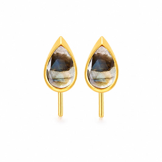 Natural Labradorite stud earrings in 18ct gold vermeil on 925 sterling silver with pear-shaped gemstones on a pure white background by Moda de la Maria.