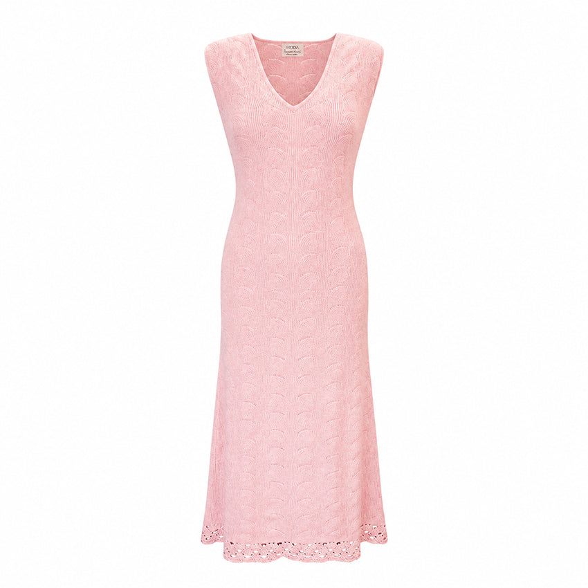 Soft pink cashmere crochet knit midi dress by Moda de la Maria isolated on a light background.
