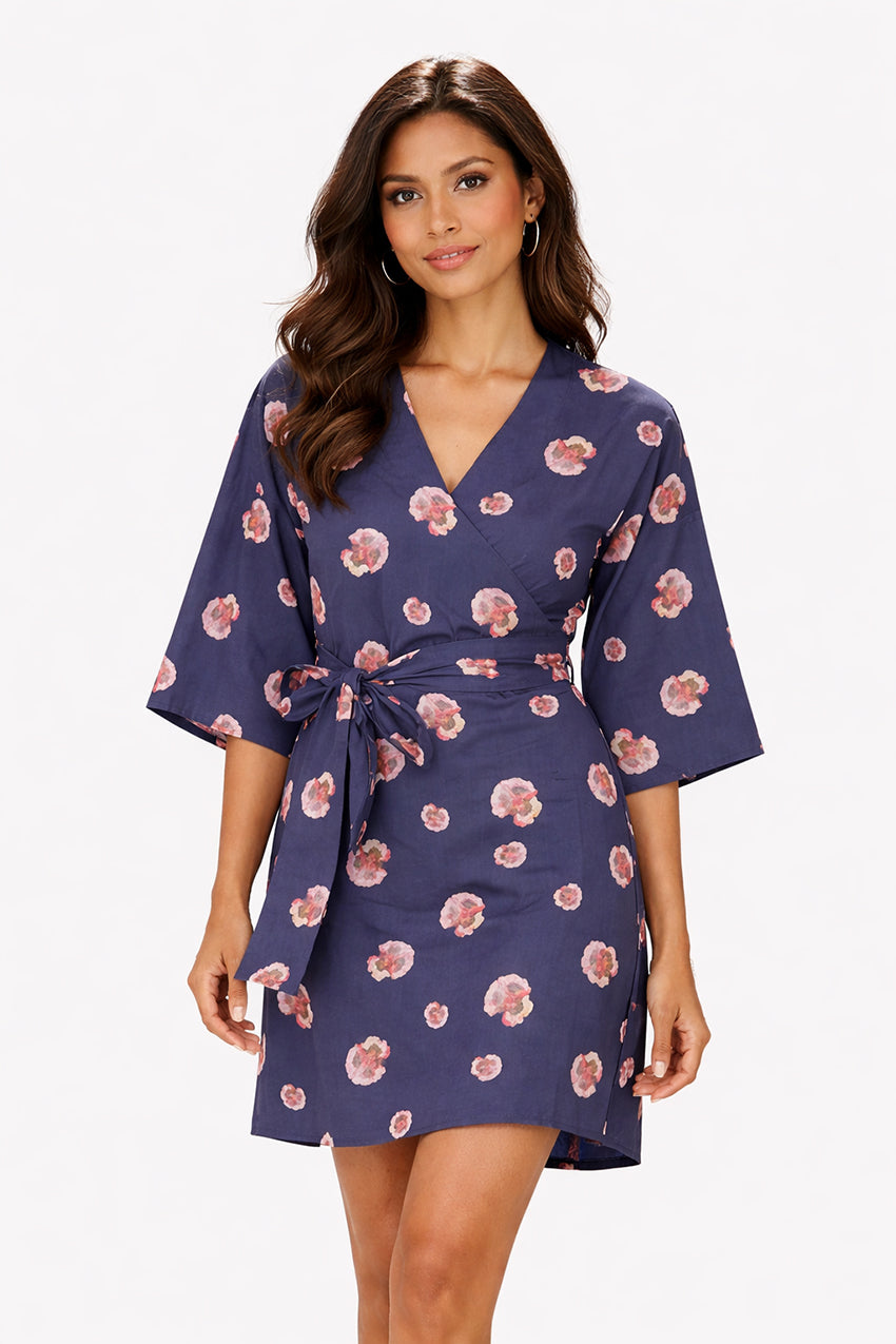 Handmade navy cotton voile kimono wrap dress with pink poppy print and adjustable waist tie by Moda de la Maria