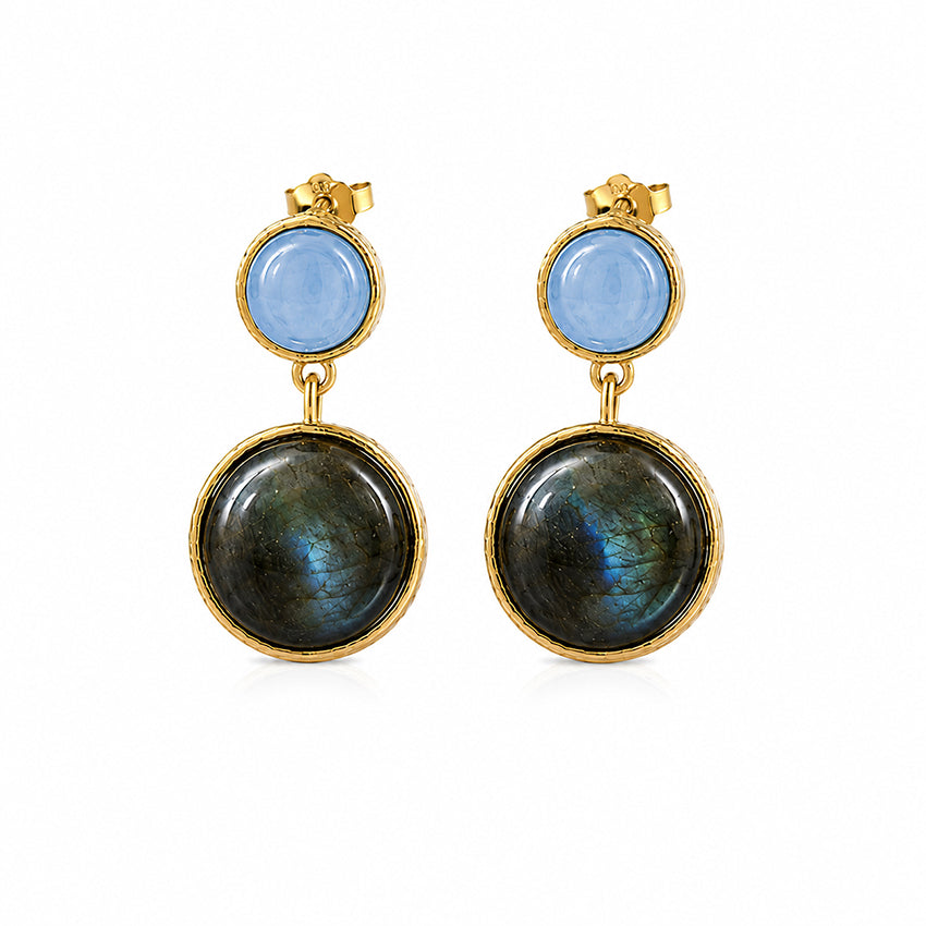 Premium natural labradorite and aquamarine drop earrings with 18ct gold-plated sterling silver handcrafted for elegant everyday luxury.