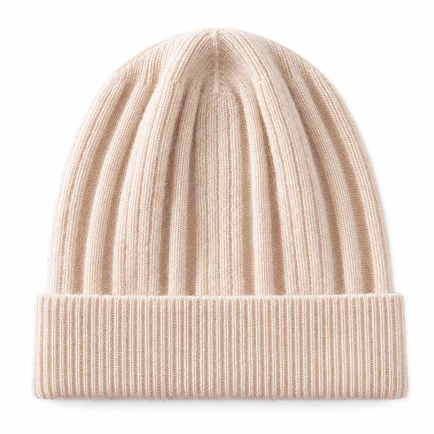 Cream 100% pure cashmere ribbed beanie by Moda de la Maria