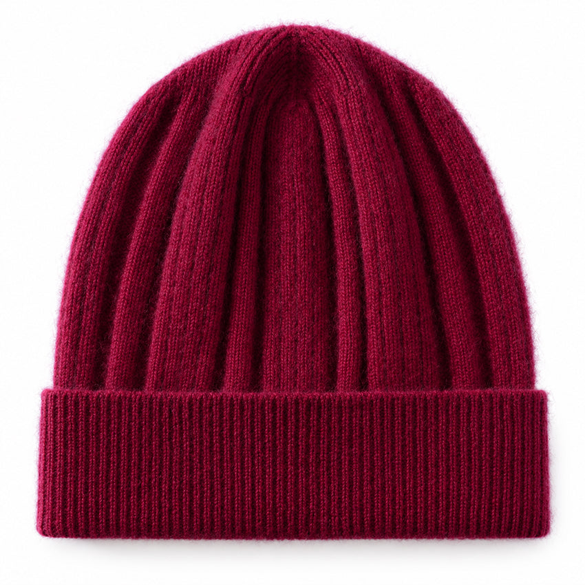 Dark burgundy 100% pure cashmere ribbed beanie by Moda de la Maria