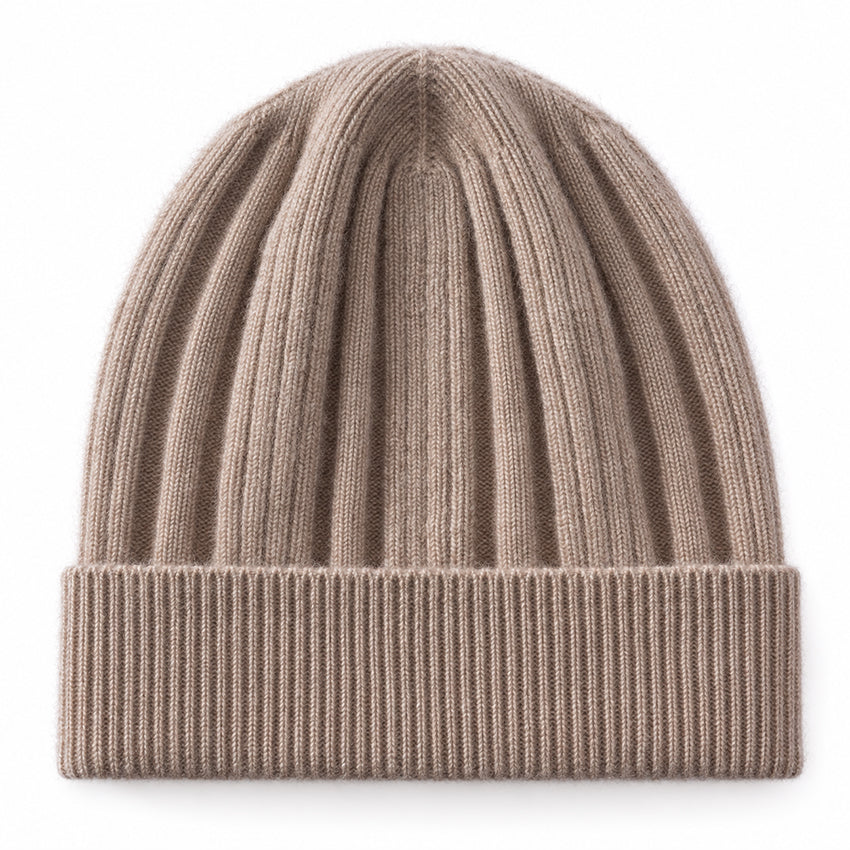 Taupe 100% pure cashmere ribbed beanie by Moda de la Maria
