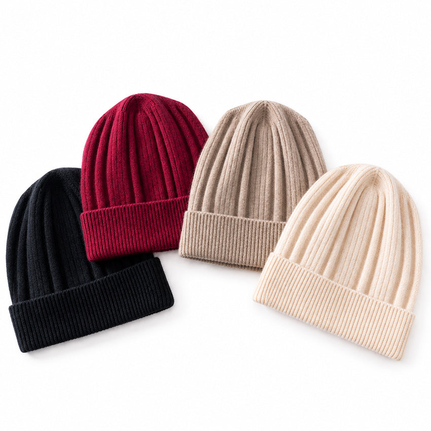 Moda de la Maria pure cashmere ribbed beanies in black, dark burgundy, taupe and cream