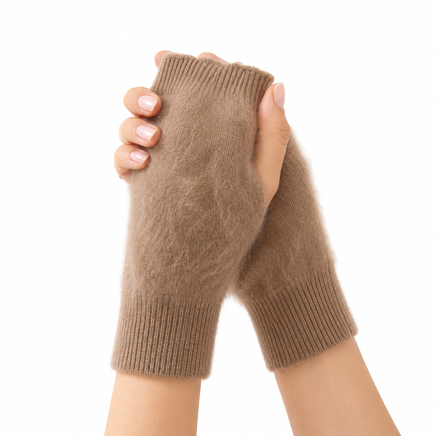 Luxury 100% pure cashmere brushed fingerless gloves in classic beige by Moda de la Maria with an exceptionally soft brushed cashmere texture and timeless luxury styling.