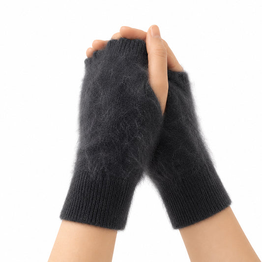 Luxury 100% pure cashmere brushed fingerless gloves in rich charcoal by Moda de la Maria, crafted with a soft brushed cashmere texture for timeless elegance and warmth.