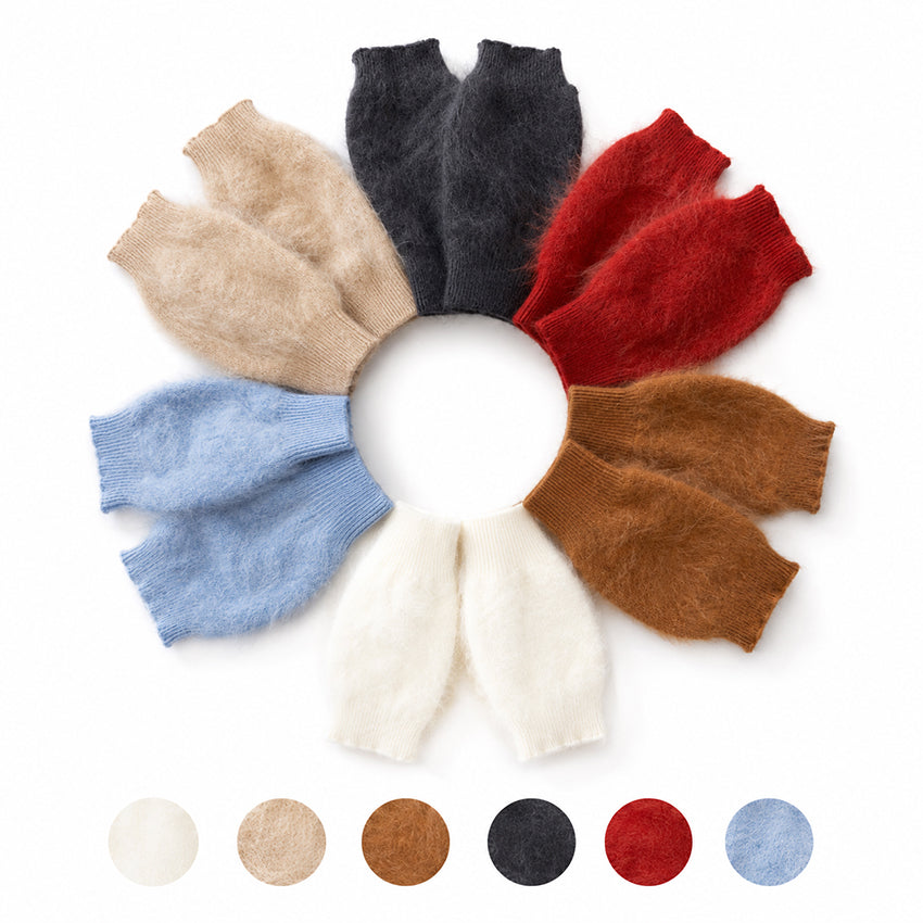 Moda de la Maria luxury 100% pure cashmere brushed fingerless gloves available in white, beige, camel, charcoal, red and blue, handcrafted with an exceptionally soft brushed cashmere texture.
