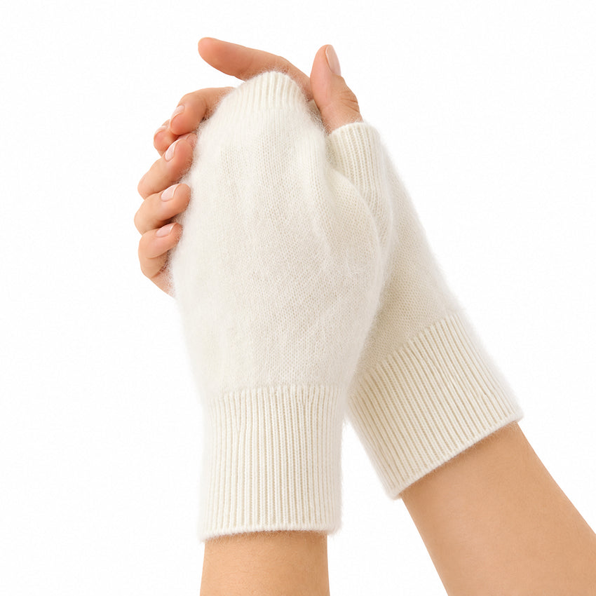Luxury 100% pure cashmere brushed fingerless gloves in elegant ivory by Moda de la Maria with a soft brushed cashmere texture, lightweight warmth and timeless design.