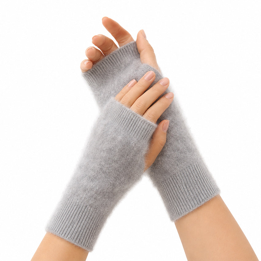 Luxury 100% pure cashmere brushed fingerless gloves in soft light grey by Moda de la Maria, featuring a plush brushed cashmere texture for elegant everyday warmth.
