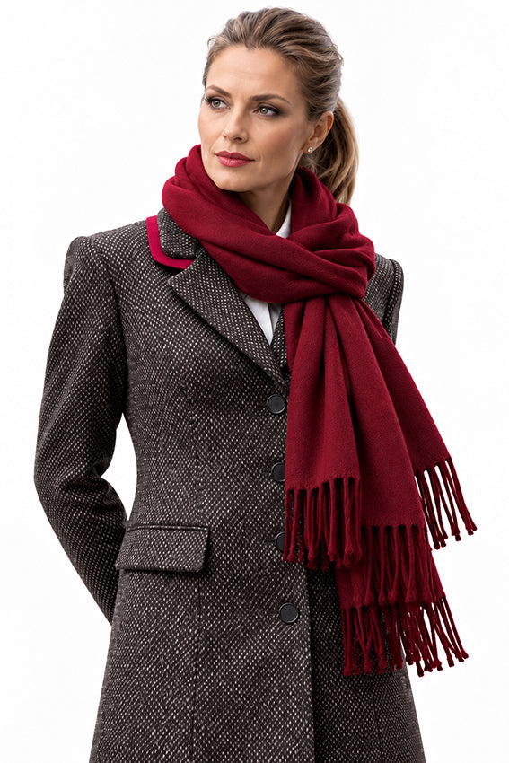 Moda de la Maria pure cashmere fringed scarf in wine red styled with a handcrafted tweed coat on a woman