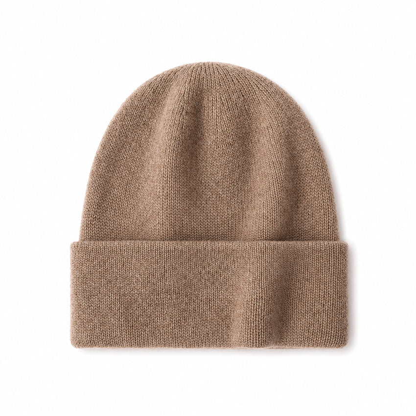 Luxury women's 100% pure cashmere taupe beanie hat featuring a fine knitted construction and an elegant folded cuff by Moda de la Maria.
