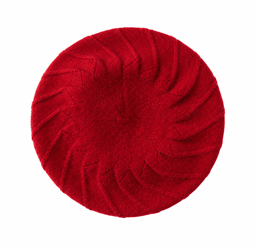 Pure Cashmere Red Spiral Knit Beret by Moda de la Maria with elegant sculptural knit design on a pure white background.