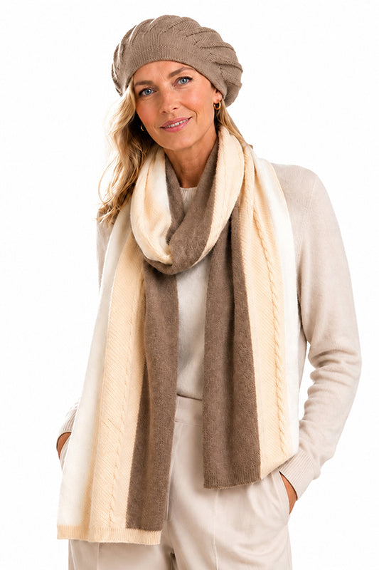 Luxury women's pure cashmere taupe beret with ivory and taupe colour-block 100% cashmere scarf by Moda de la Maria. Soft knitted cashmere accessories handcrafted for timeless British luxury fashion on a pure white background.