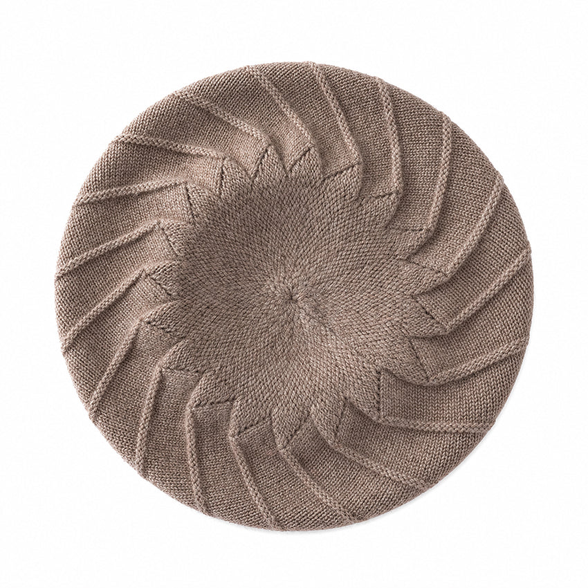 Pure Cashmere Taupe Spiral Knit Beret by Moda de la Maria with timeless sculptural knit design on a pure white background.