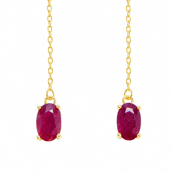 Moda de la Maria natural ruby drop earrings in 18K gold plated sterling silver, minimalist luxury jewellery with oval cut gemstones, elegant timeless design for women
