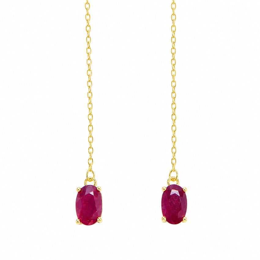 Moda de la Maria ruby drop earrings in gold plated sterling silver with oval cut natural ruby stones, elegant fine jewellery on white background