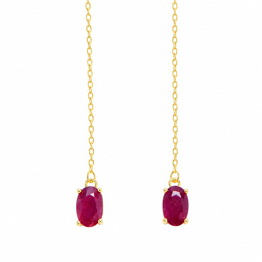 Moda de la Maria ruby drop earrings in gold plated sterling silver with oval cut natural ruby stones, elegant fine jewellery on white background