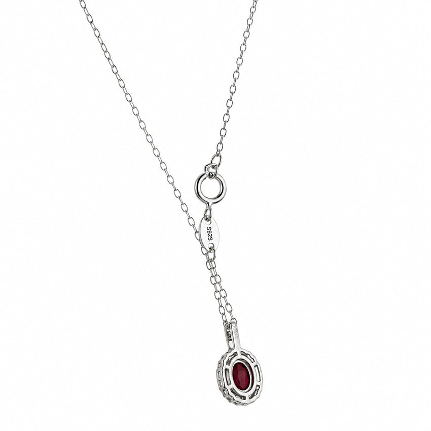 Sterling silver ruby necklace showing S925 clasp detail and back pendant design, luxury fine jewellery on clean white background