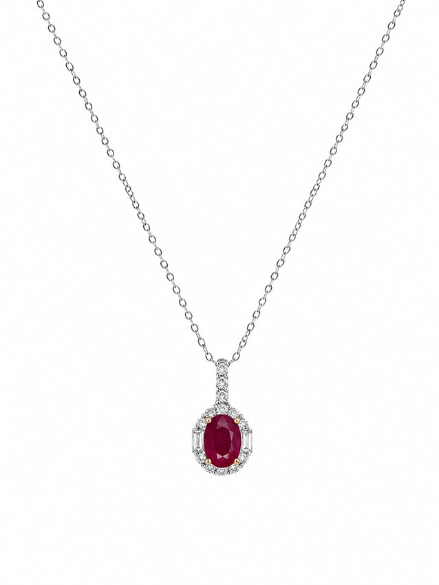 Ruby pendant necklace in sterling silver with clear stones, elegant fine jewellery on white background