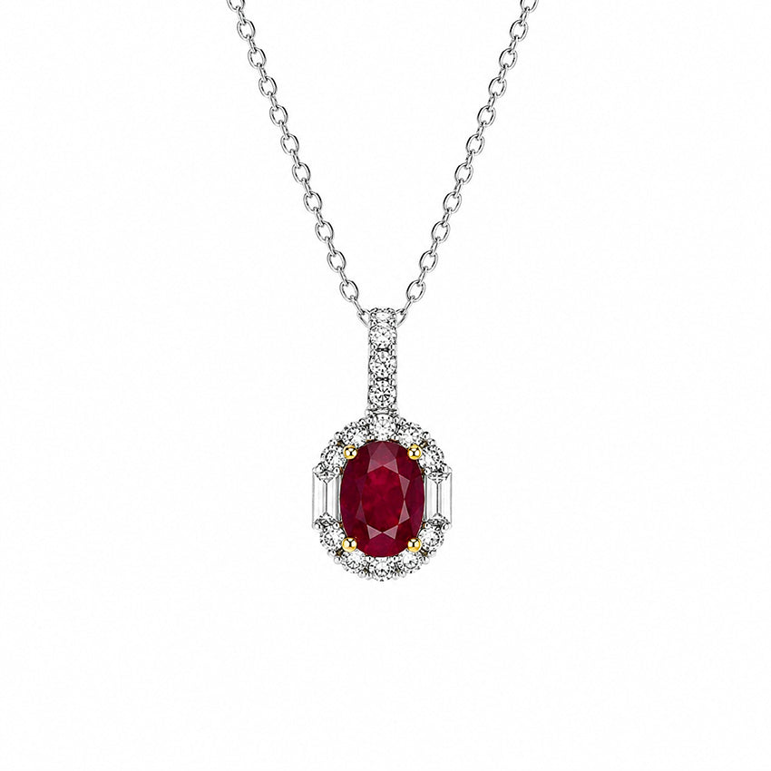 Elegant ruby pendant necklace with sterling silver chain and halo setting, fine jewellery detail on clean white background