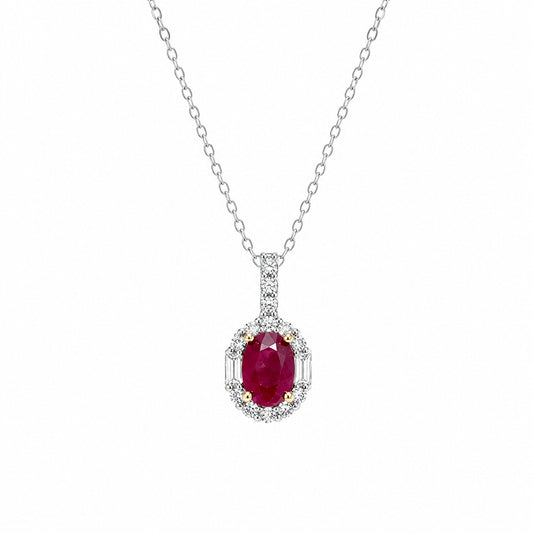 Moda de la Maria ruby pendant necklace in sterling silver with halo of clear stones, luxury fine jewellery on white background