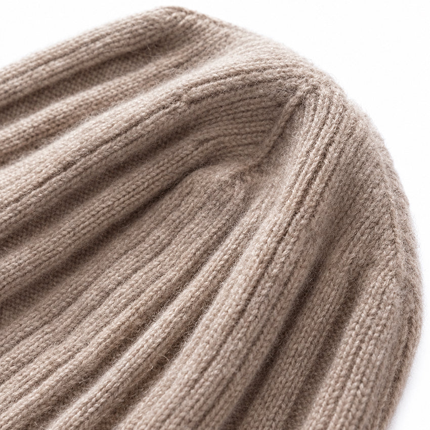 Close-up of taupe pure cashmere beanie showing the soft ribbed knit texture