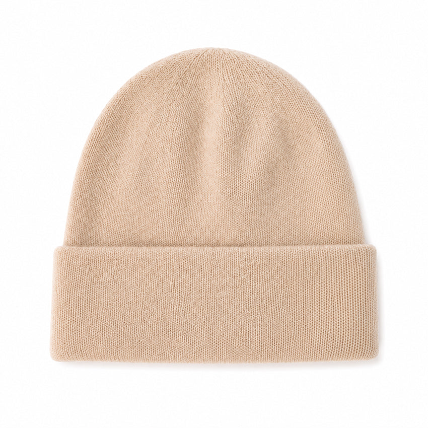 Women's oatmeal pure cashmere beanie hat by Moda de la Maria in 100% cashmere, soft lightweight knitted winter hat with timeless British style, natural warmth and premium craftsmanship.