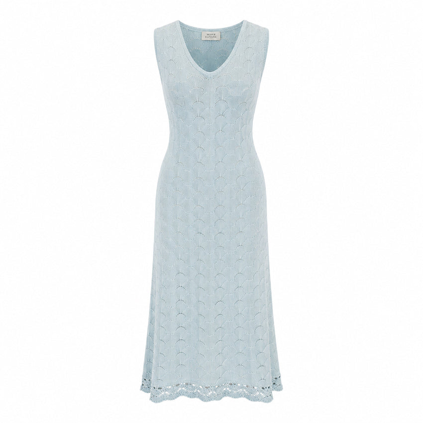 Pink & Blue Cashmere Dress with Crochet Flower Hem
