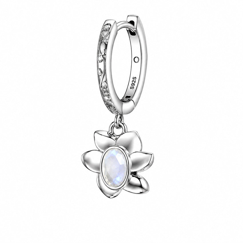 Back view of moonstone sterling silver earrings showing a floral setting and engraved hoop